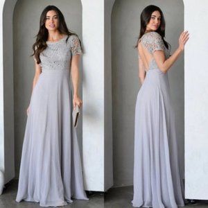 Maniju Lulus Savannah Days Short Sleeve Open Back Gown Maxi Dress Grey Gray New